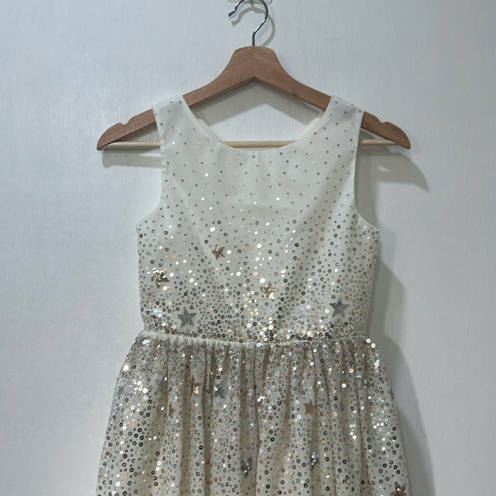 H&M GIRL FLARE SKIRT DRESS WITH GOLD SEQUIN STARS IVORY SLEEVELESS Sz 10 - Picture 6 of 16